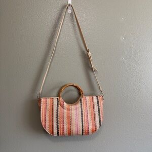 JustFab Wicker Circle Bag with Cane Handle and Boho Colors